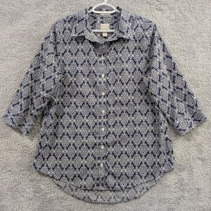 Chico's Size 2 Women (Large 12) Top Button Down Shirt No Iron Blue Paisley Print